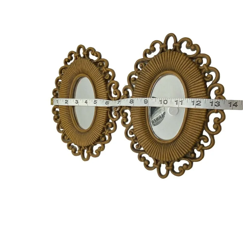 Ornate Mirrors Homco Brown Molded Plastic Faux Rattan Set of 2 Vtg 1978